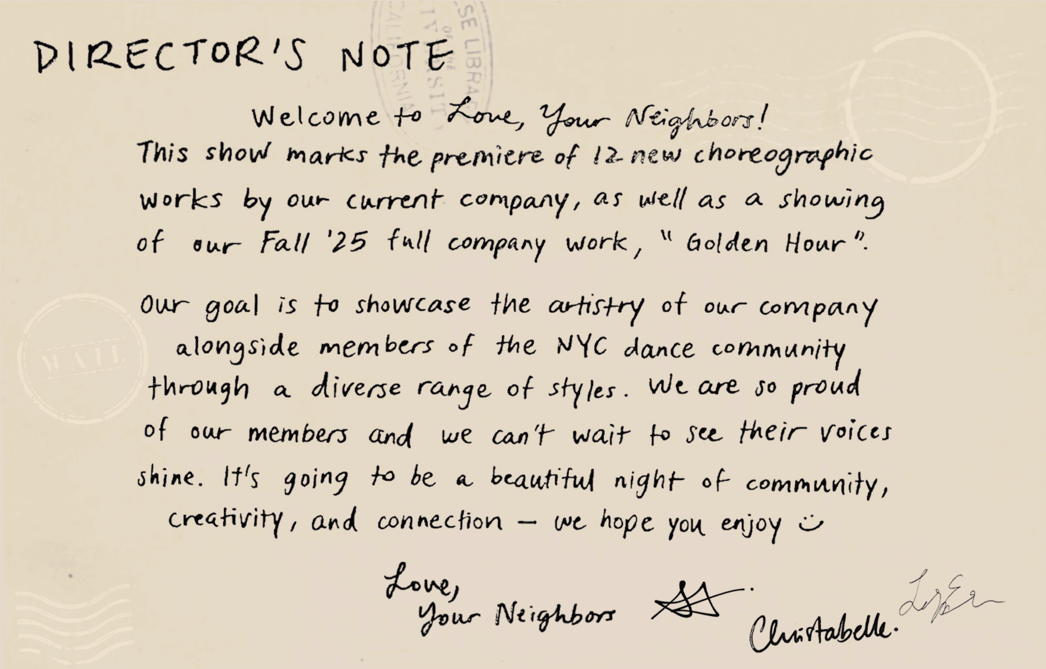 Director's note from The Neighbors welcoming guests to Love, Your Neighbors